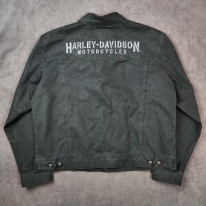 Vintage Harley Davidson Jean Jacket Mens XL Black Button Up Logo Trucker Denim